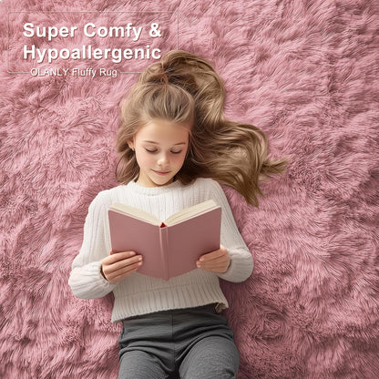 OLANLY Area Rugs - Soft Fluffy Shaggy Indoor Carpet for Living Room & Bedroom | 4x5.9 ft Pale Pink