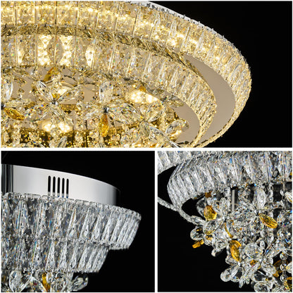24 inch Sliver LED Crystal Ceiling Light, Flush Mount Chandeliers with Remote and APP Control, 3CCT Dimmable, Modern Elegant Raindrop Chandelier Light Fixture for Bedroom Dining Room Living Room Foyer