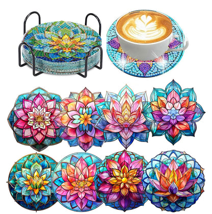 8 PCS Lotus Diamond Art Coasters Kits, Diamond Painting Coasters with Holder Set of 8, DIY Drink Coasters Art Crafts Supplies for Adults Cup Mat for Home Decor House Warming Gifts Non-Slip 3.9inch