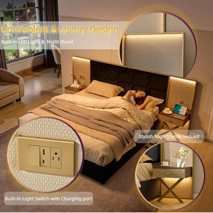 KEIKI King Bed Frame with Lights and Nightstands, Velvet Upholstered Platform Bed with Metal & Wood Frame, Built-in LED and Floating Bedside Tables, No Box Spring Needed, Black