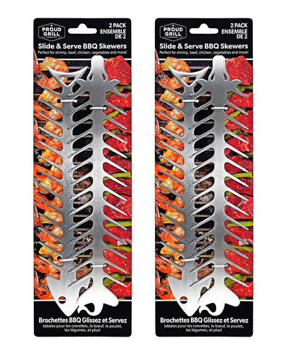 Proud Grill Slide & Serve BBQ Skewers - Mothers Day Gifts for Mom, Reusable Stainless Steel Barbecue Skewers for Grilling Shish Kabobs, Beef, Pork, Chicken, Shrimp & Vegetables - 12 Inch, Set of 4