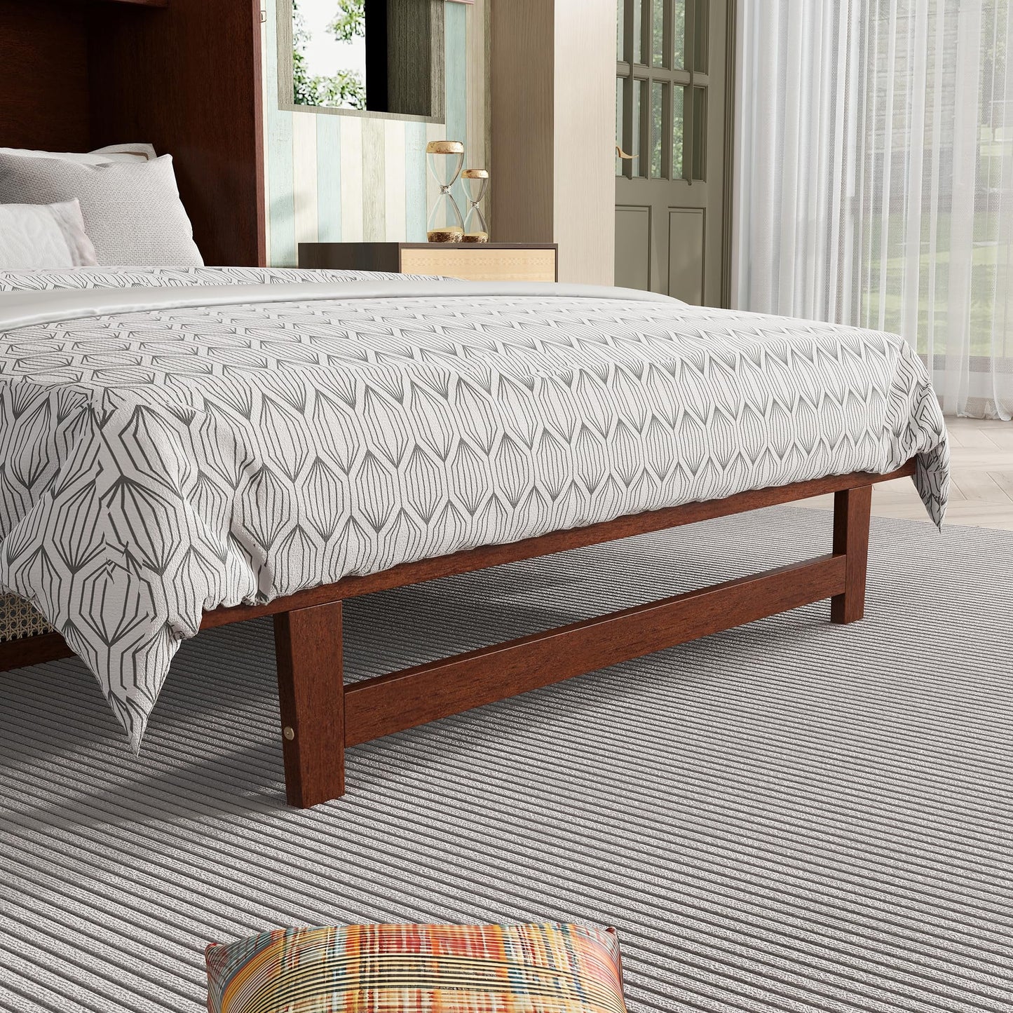 Queen Size Murphy Bed Cabinet with Rattan Panel,Pine Wood Cabinet Bed with Storage Drawer,Space-Saving Foldable Beds with Integrated Platform,Convertible Guest Beds for Bedroom Living Room,Walnut