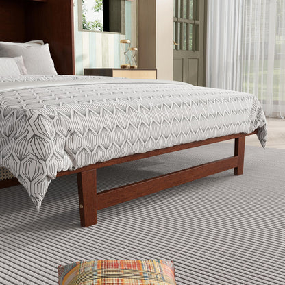 Queen Size Murphy Bed Cabinet with Rattan Panel,Pine Wood Cabinet Bed with Storage Drawer,Space-Saving Foldable Beds with Integrated Platform,Convertible Guest Beds for Bedroom Living Room,Walnut