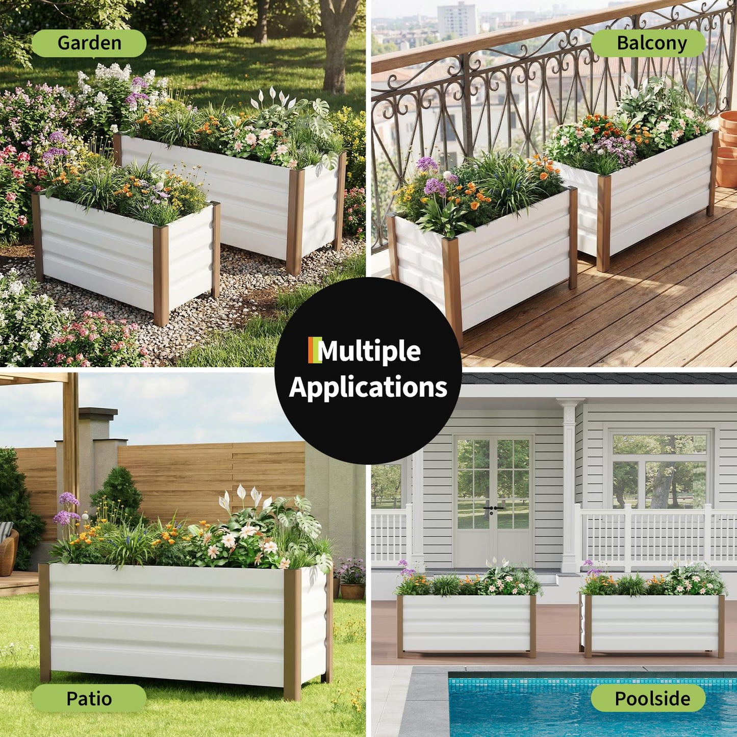 Garvee 2 Pack Large White Aluminum Planter Box 39"X16"X18", Extra Long Raised Garden Bed with Rounded Corners & Anti-Cut Safety Edging, Deep Design with Drainage Holes for Outdoor Patio & Balcony, Whi