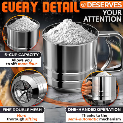 5 Cup Flour Sifter for Baking – Large Capacity Flour Sifter Stainless Steel with Double Mesh, Easy One-Hand Use & Dishwasher Safe – Baking Tools for Sifting Powdered Sugar, Cocoa & Cookies Decoration