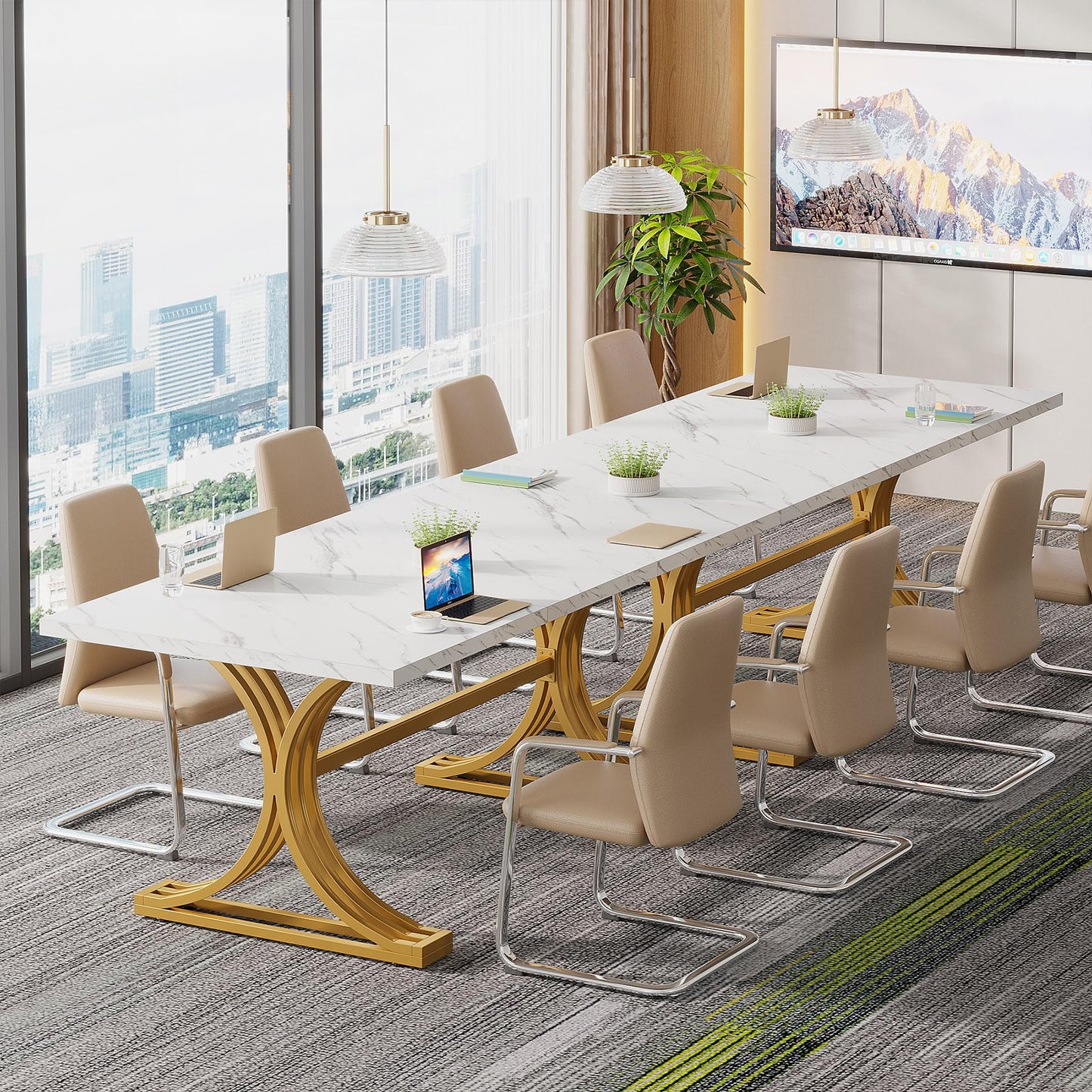 Tribesigns 10.5FT Conference Table, Modern Meeting Table for 8-10 People, Rectangle Seminar Boardroom Table for Office Conference Room with Stylish Legs (4, White + Gold)