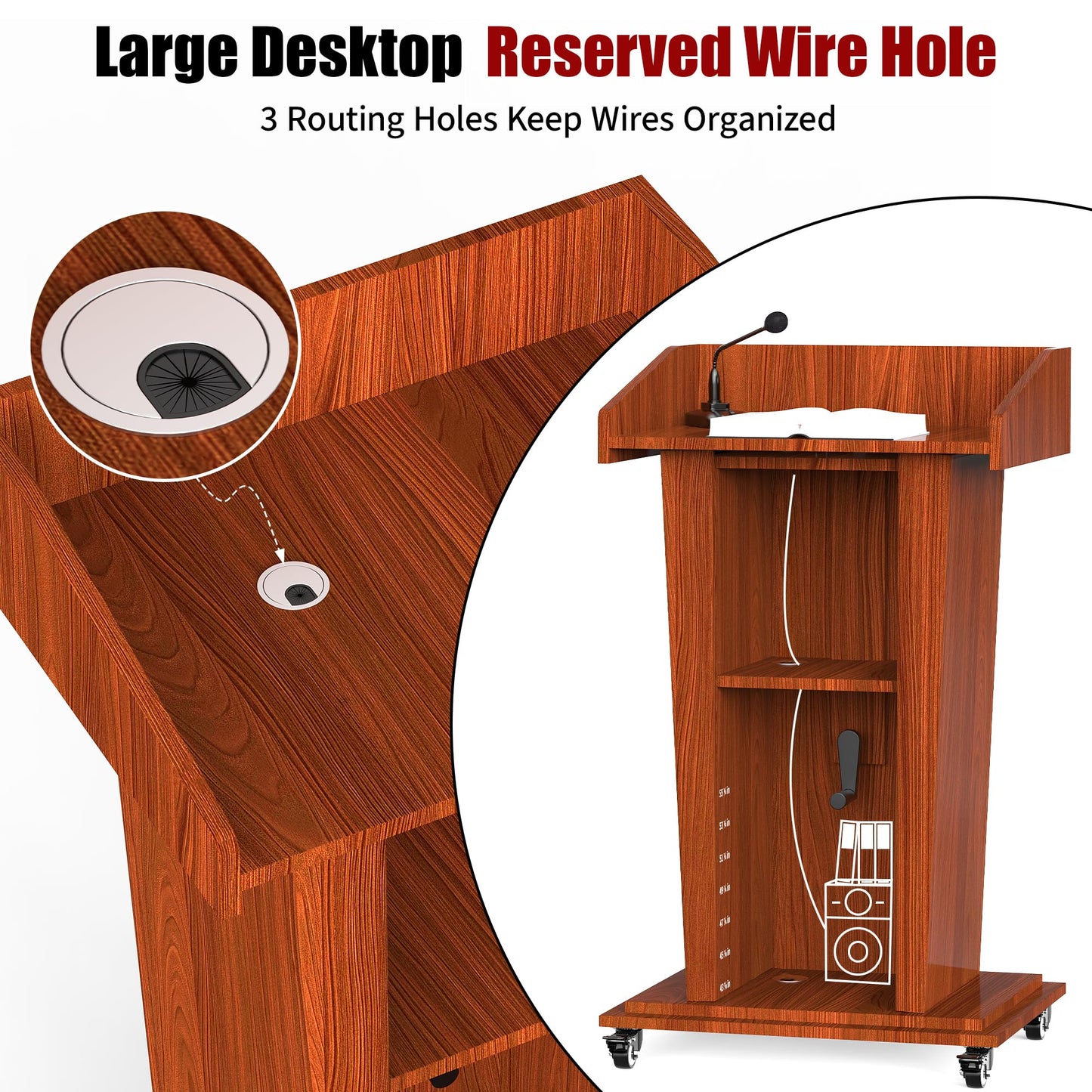 GARVIN Wooden Podium Stand with Wheels, 43"-55" Adjustable Height Podium Stand with Hand Crank, Wooden Pulpit for Churches with Storage Shelves&Cable Management Hole for Schools, Auditorium