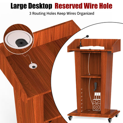 GARVIN Wooden Podium Stand with Wheels, 43"-55" Adjustable Height Podium Stand with Hand Crank, Wooden Pulpit for Churches with Storage Shelves&Cable Management Hole for Schools, Auditorium