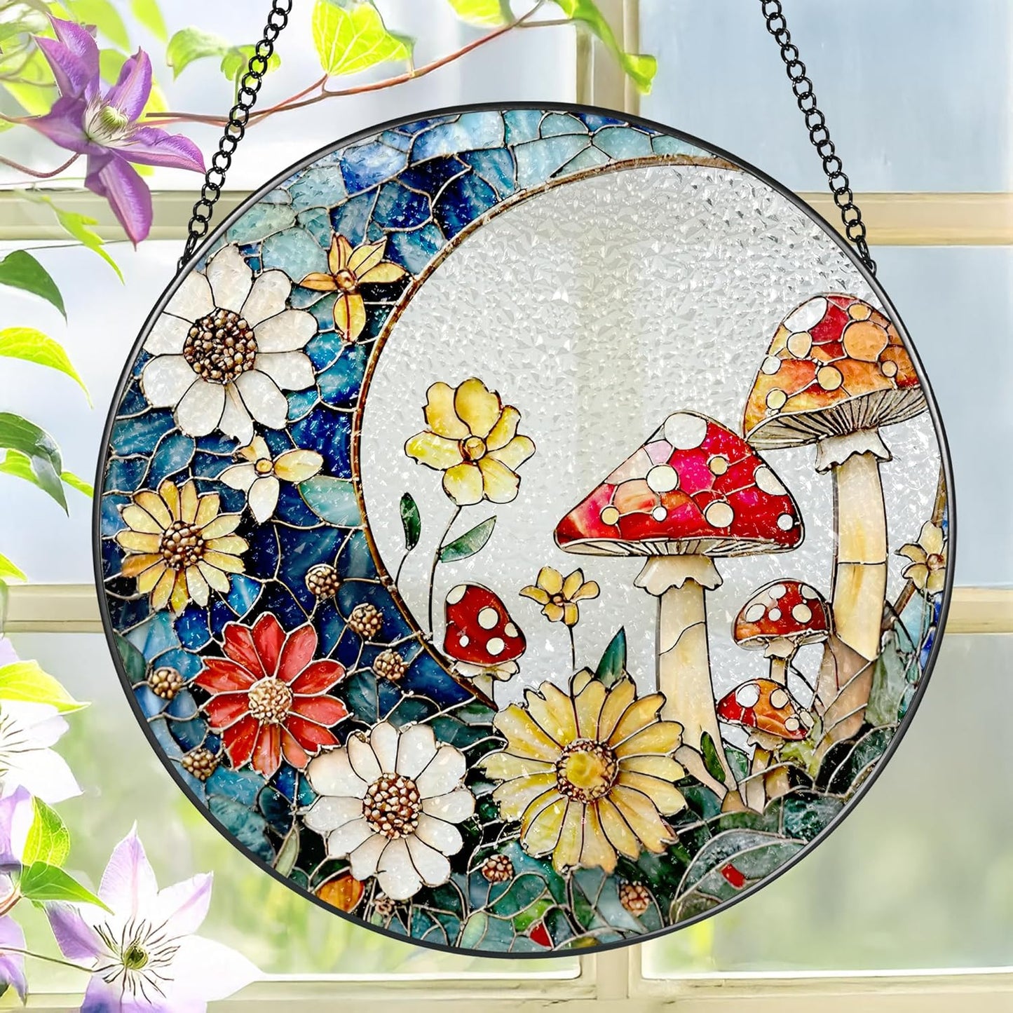 LAOWEIKI 8 Inch Mushroom Suncatcher, Stained Glass Mushrooms Home Decor, Stained Glass Window Hanging, Plant Lover