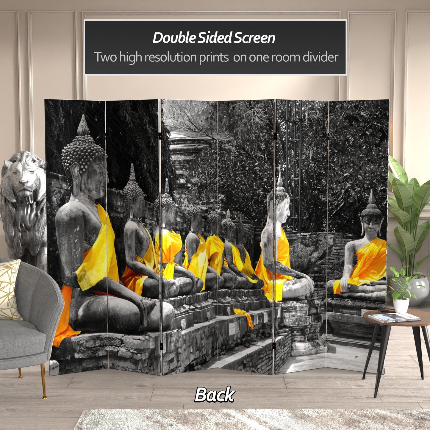Red Lantern 6 ft. Tall Double Sided Golden Buddhas Room Divider 6 Panel Freestanding Folding Privacy Screen, Partition, and Separator for Modern and Contemporary Bedroom, Home Office, Studio, Dorm