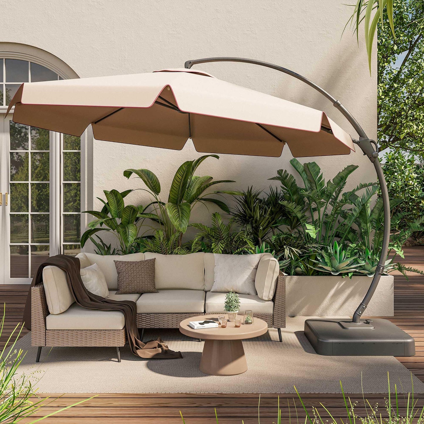 EO Living 11FT Cantilever Patio Umbrella with Base, 360° Rotation Offset Outdoor Umbrella, Heavy Duty Rust-Resistant, UV Protection Waterproof Shade for Backyard, Pool, Garden, Deck (Beige)