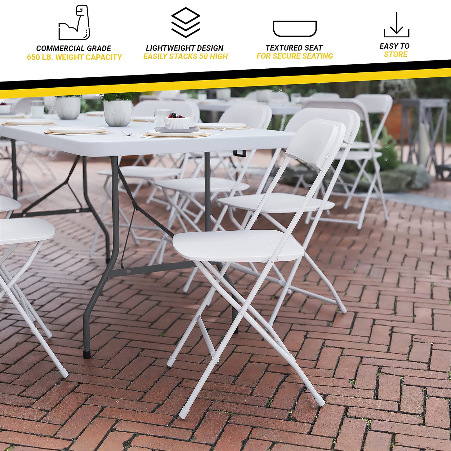 UPGORILO Set of 10 Folding Plastic Chairs in White - 650 lbs. Static Weight Capacity per Chair