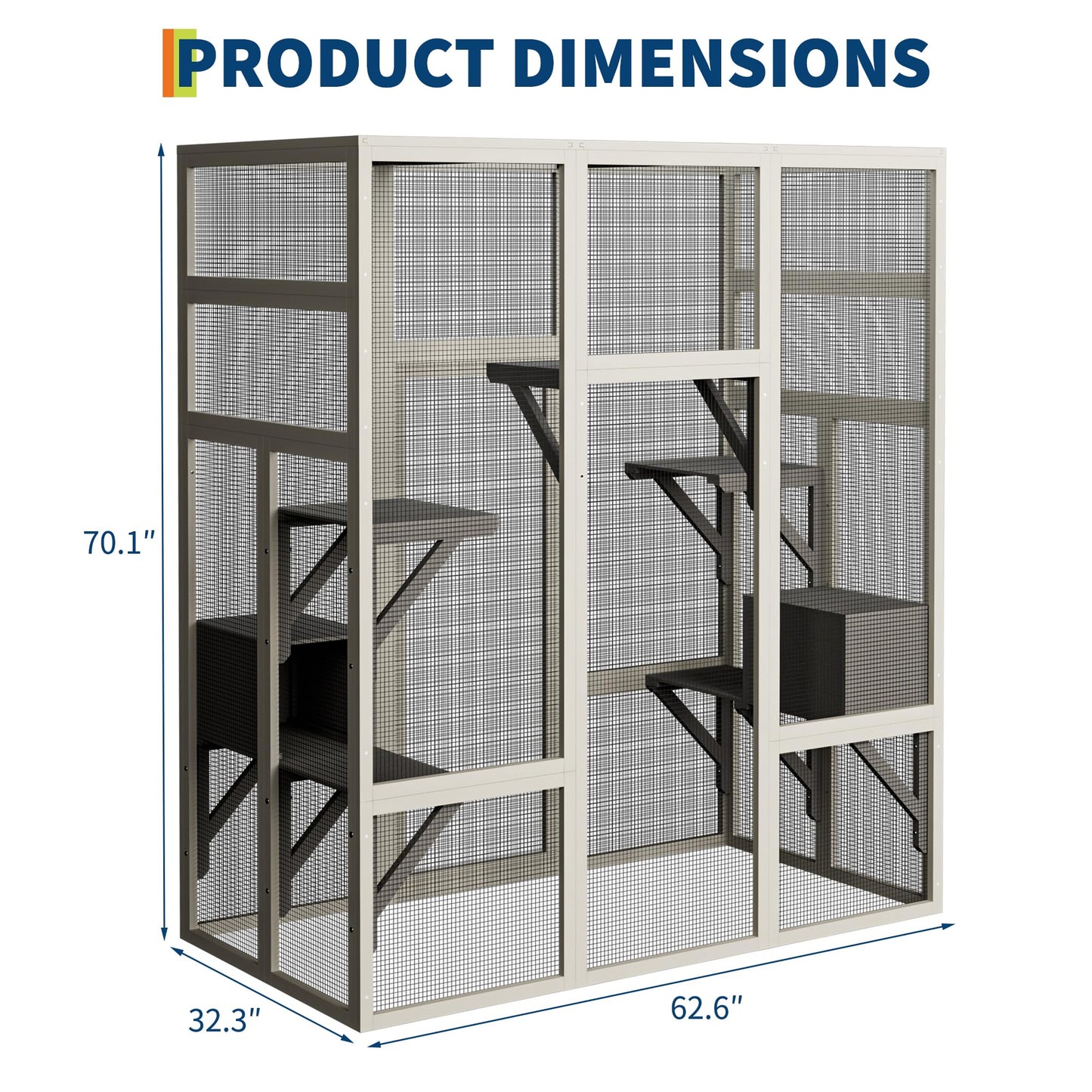 70" Large Outdoor Catio Cat Enclosure, Wood Cat Patio with Waterproof UV-Resistant Roof, Cats Shelter with 5 Platforms and 2 Resting Box, and Secure Rust-Proof Wire for Backyard or Patio