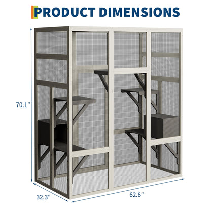 70" Large Outdoor Catio Cat Enclosure, Wood Cat Patio with Waterproof UV-Resistant Roof, Cats Shelter with 5 Platforms and 2 Resting Box, and Secure Rust-Proof Wire for Backyard or Patio