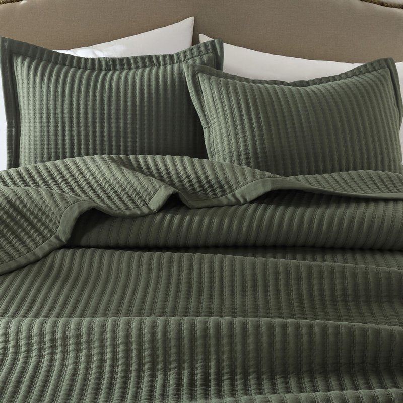 WDCOZY Olive Green Queen Size Quilt Set, Striped Pick Stitch Lightweight Bedspread, Soft Channel Farmhouse Rustic Coverlet, Spring Summer Thin Comforter, Country Bedding, 90x90 inches