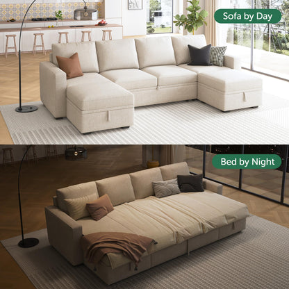 HONBAY Modular Sectional Sleeper Sofa Bed, Sectional Couch with Pull Out Bed U Shaped Modular Couch with Storage Ottoman for Living Room, Beige