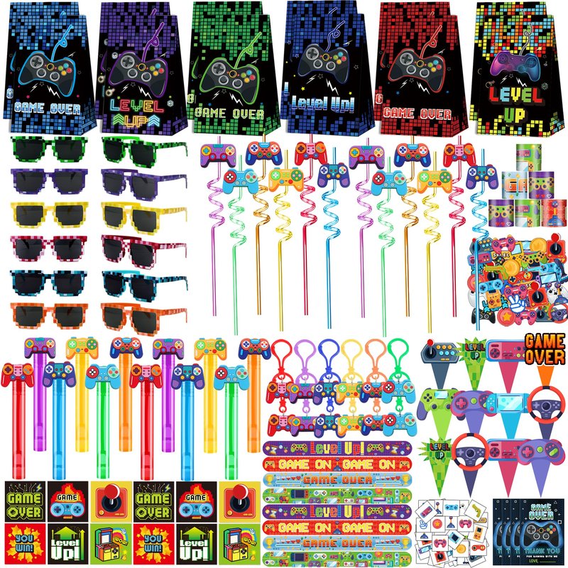 PLOUGVI 320PCS Video Game Party Favors for Kids-Including Goodie Bags, Glasses, Straws, Bubble Wands, Stickers, Cake Toppers, Tattoos & More-Perfect for Theme Party Decorations & Piñata Fillers