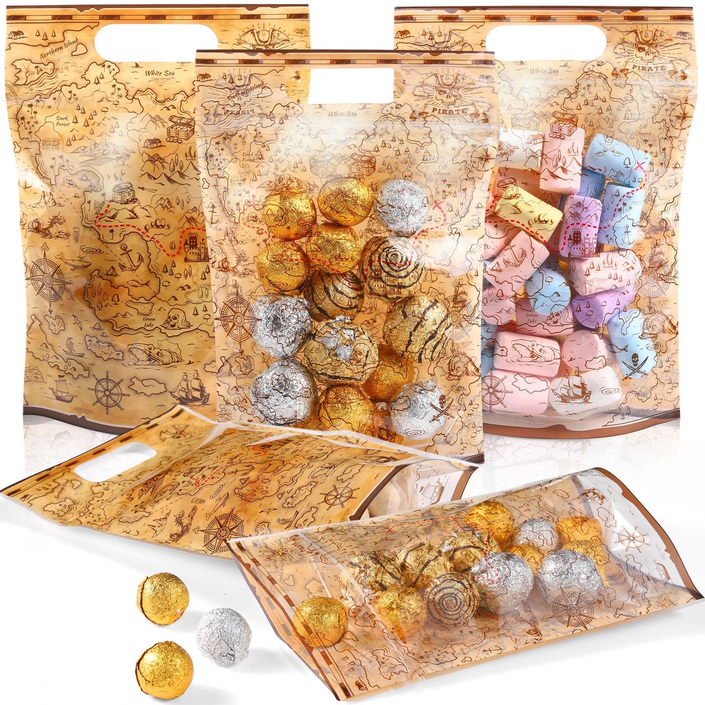 Teenyyou 60 Pcs Pirate Goodie Bags Plastic Treasure Map Gift Bags Pirate Booty Candy Treat Handbags for Treasure Hunt Nautical Themed Halloween Birthday Party Favors Supplies