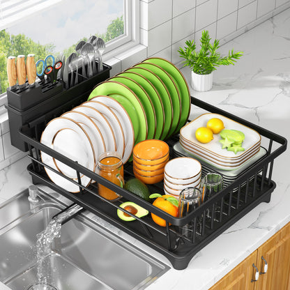 Kmiectse Dish Drying Rack - Space-Saving Small Dish Rack for Kitchen Counter, Rust-Resistant Kitchen Drying Rack, Compact Dish Drainer Organizer with Utensil Holder for Home Kitchen, Black
