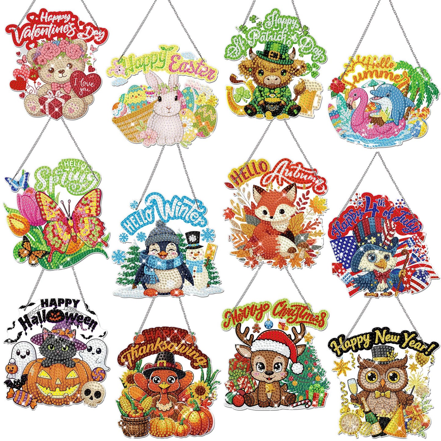 Cinnvoice 12 Pcs Seasonal Diamond Art Wreath Kits Holiday 5d DIY Diamond Painting Signs Germ Hanging Art Ornaments for Wall Door Decorations (Animal)