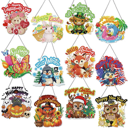 Cinnvoice 12 Pcs Seasonal Diamond Art Wreath Kits Holiday 5d DIY Diamond Painting Signs Germ Hanging Art Ornaments for Wall Door Decorations (Animal)
