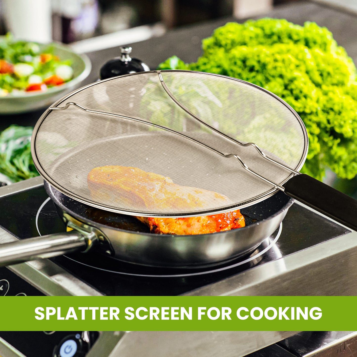13" Grease Splatter Screen for Cooking | Stainless Steel Oil Splatter Guard and Ultra-Fine Mesh Protects Skin from Burns | TPR Tight-Grip Handle (Black)