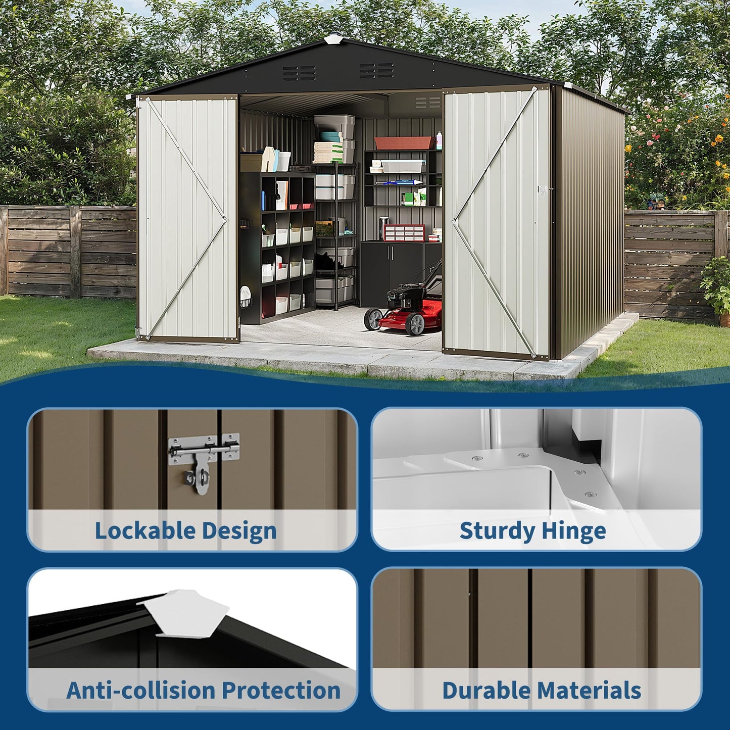 10 X 10 FT Outdoor Storage Shed,Metal Garden Sheds&Outdoor Storage, Lockable Gable Roof Garden Tool Shed, All-Weather Resistant Storage Unit for Bikes, Ladders, Patio Supplies & Garden Essentials