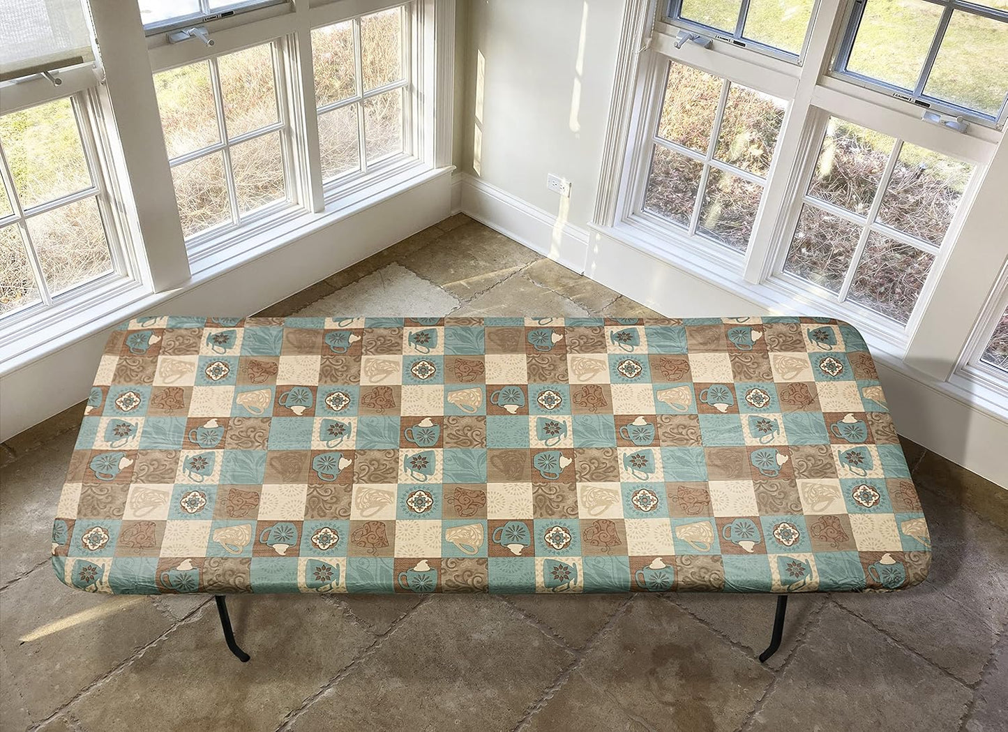 6' 30" Covers For The Home Deluxe Elastic Edged Flannel Backed Vinyl Fitted Table Cover - Global Coffee Pattern