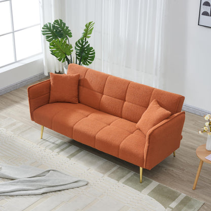 KEIKI 70" Teddy Fleece Convertible Futon Couch, Modern Loveseat Sofa with Adjustable Arms and Backrest, 2 Seater Small Sofa Couch with Metal Legs and Comfy Cushions for Living Room, Orange