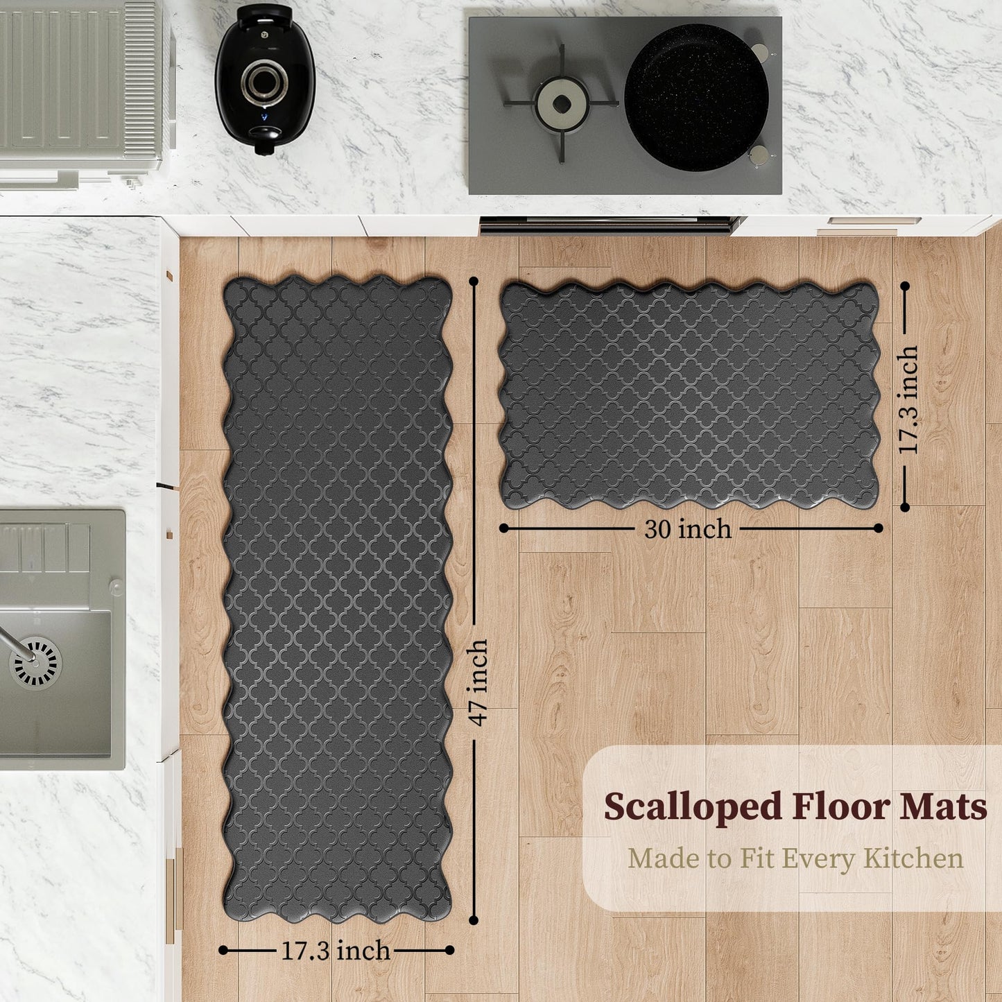 Arenarug Upgrade Scalloped Embossed Kitchen Mats for Floor 2PCS Cushioned Anti Fatigue Waterproof Foam Kitchen Rugs Non Slip Washable Comfort Standing Mat for Office Sink Laundry, Black