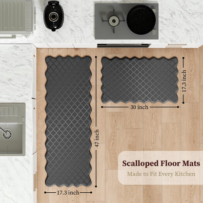 Arenarug Upgrade Scalloped Embossed Kitchen Mats for Floor 2PCS Cushioned Anti Fatigue Waterproof Foam Kitchen Rugs Non Slip Washable Comfort Standing Mat for Office Sink Laundry, Black