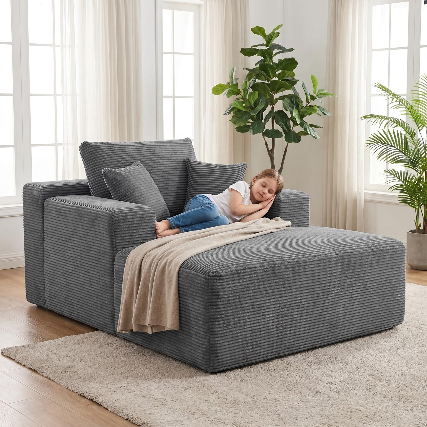 Trygoal 67 inch Oversized Lounge Chair, Boneless Living Room Chairs Indoor with Wide Armrest & Throw Pillows, Cloud Sofa Bed Couch for Small Spaces & Apartment, No Assembly Required, Deep Gray