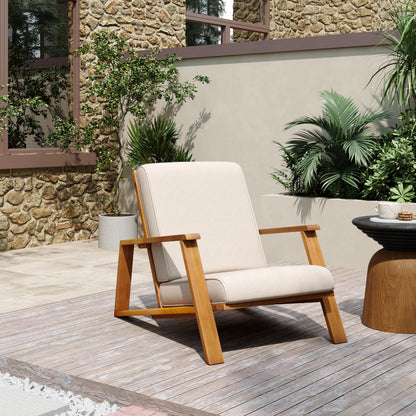 Christopher Knight Home Smeb Lounge Chair Outdoor with Cushions, Acacia Wood Adirondack Chair, Slatted Design Side Chair, Extra Seating for Balcony Backyard Poolside Garden, Teak + Beige