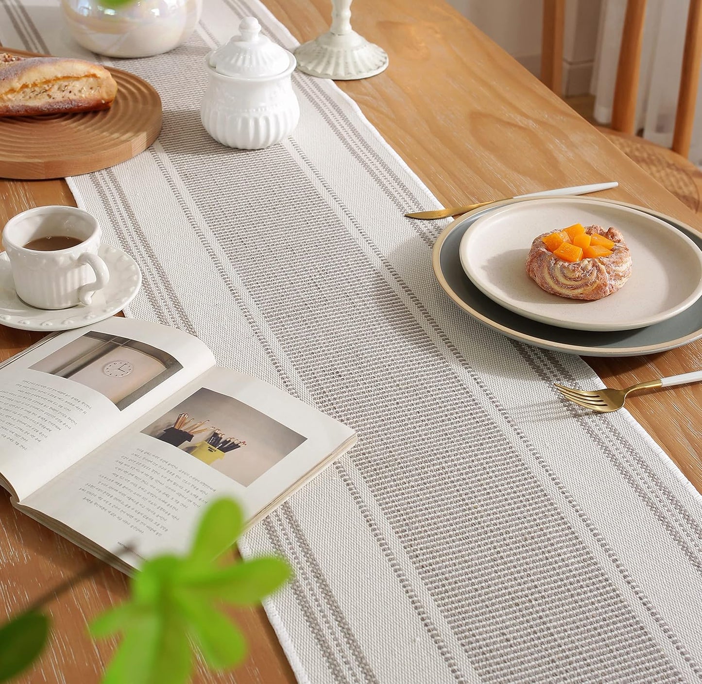 13 90 Inch Caflife Boho Table Runner Natural Stripe for Modern Farmhouse Coffee Table Decor, Rustic Woven Runner