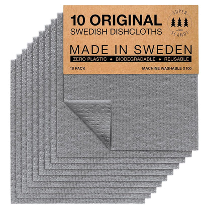 SUPERSCANDI 10 Pack Swedish Dishcloths for Kitchen - 100% Biodegradable & Compostable Reusable Paper Towels Washable, Food-Safe & Without Plastic - Dish Rags Suitable for Any Surface, Grey