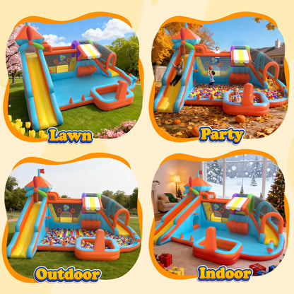 Inflatable Bounce House with Double Slide, 10 in 1 Large Bounce Castle with 750W Blower, Water Slide, Jumping, Splash Pool, Climbing Wall, Toy Stand, Water Cannon, Basketball, Tunnel, Outdoor, Orange