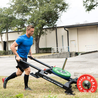 Valor Fitness Weighted Wheelbarrow Sled with Harness – Push, Pull, or Drag – Power Training Sled for Strength and Conditioning – 300 lb Capacity – Olympic Plate Storage – Home Gym Equipment