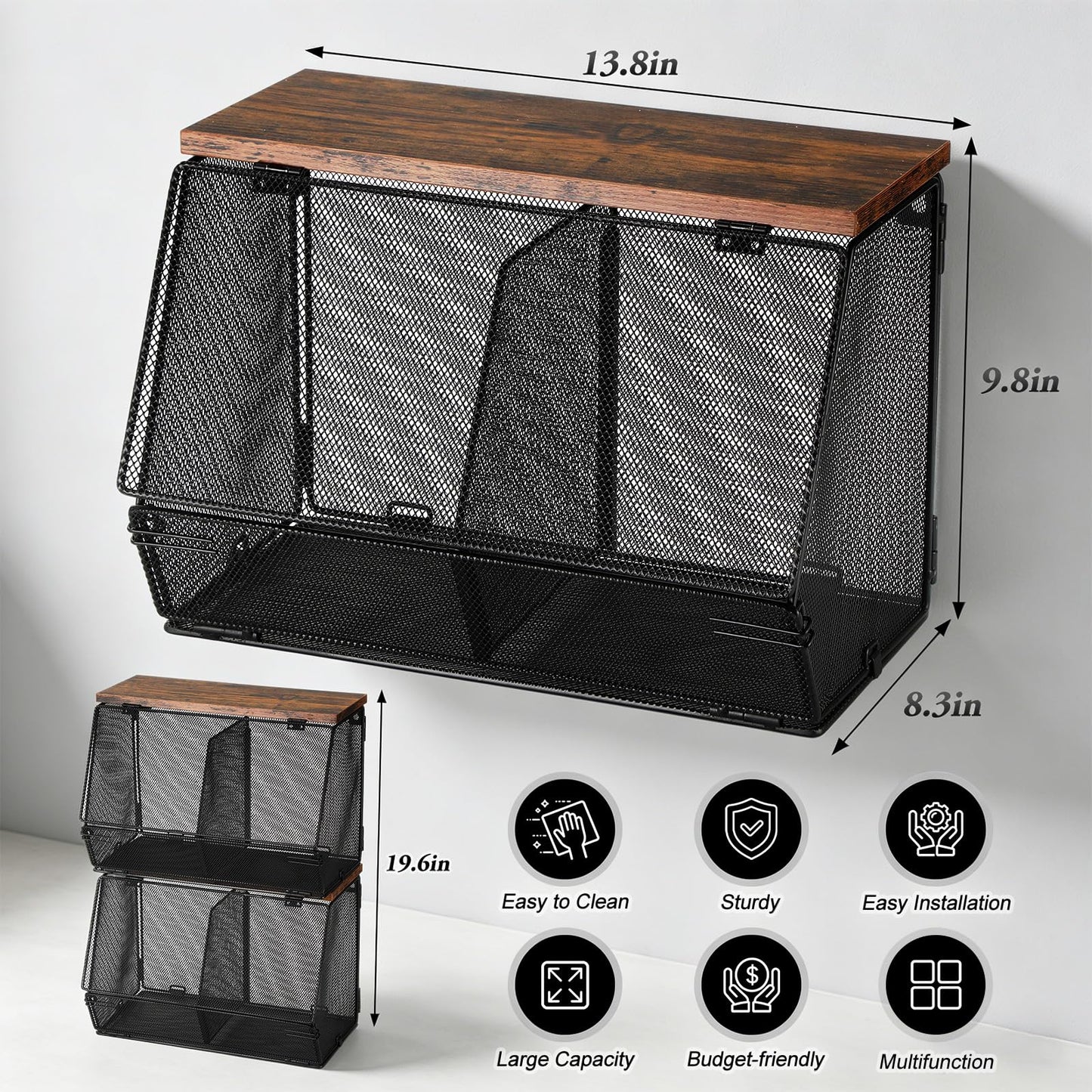 Teenyyou 2 Pcs Stackable Mesh Fruit Basket with Lid Wall Produce Vegetable Storage Basket Onion Potato Hanging Metal Wire Container for Kitchen Counter Pantry (Divided,Black,8.3"w & 13.8"L)