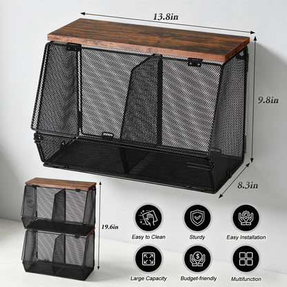 Teenyyou 2 Pcs Stackable Mesh Fruit Basket with Lid Wall Produce Vegetable Storage Basket Onion Potato Hanging Metal Wire Container for Kitchen Counter Pantry (Divided,Black,8.3"w & 13.8"L)