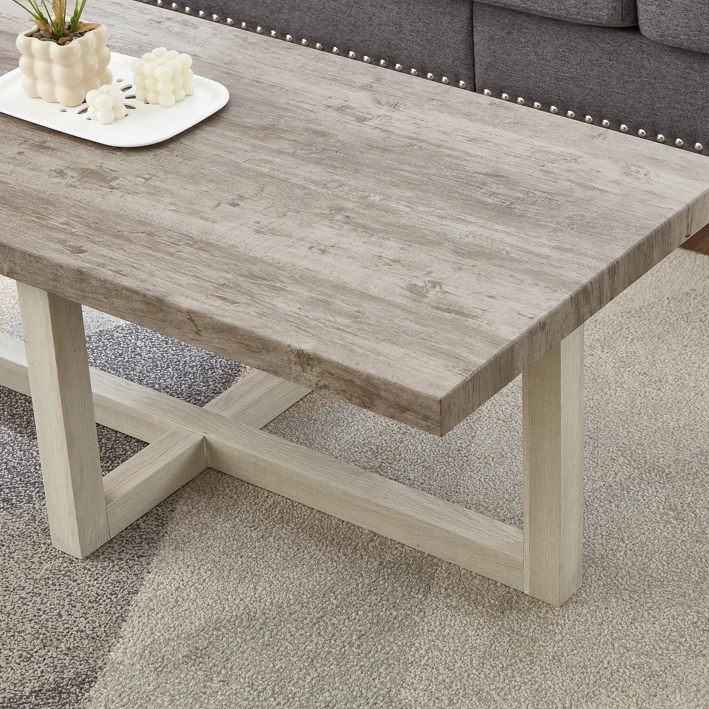 Roundhill Furniture Luno 3-Piece Coffee Table Set, Coffee Table and Two End Tables, Weathered Gray and Beige
