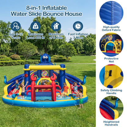TOAOB Inflatable Water Slide for Kids 3-12: Blow Up Backyard Water Park with 550W Blower- 8 in 1 Octopus-Themed with 2 Slides for Outdoor Birthday Party