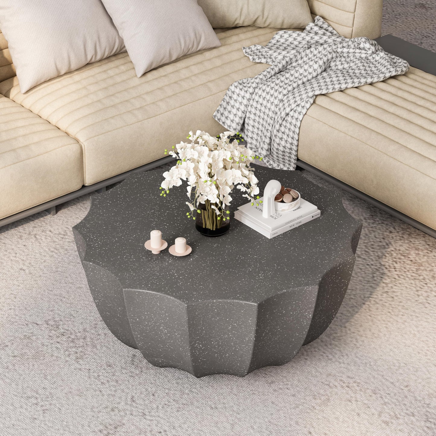 GDFStudio 35.43" Modern Indoor Outdoor Coffee Table, Waterproof Cement Round Table, MgO Concrete Circle Side Table, Creative Shape Small Table for Patio Backyard Living Room, Fully Assembled, Grey