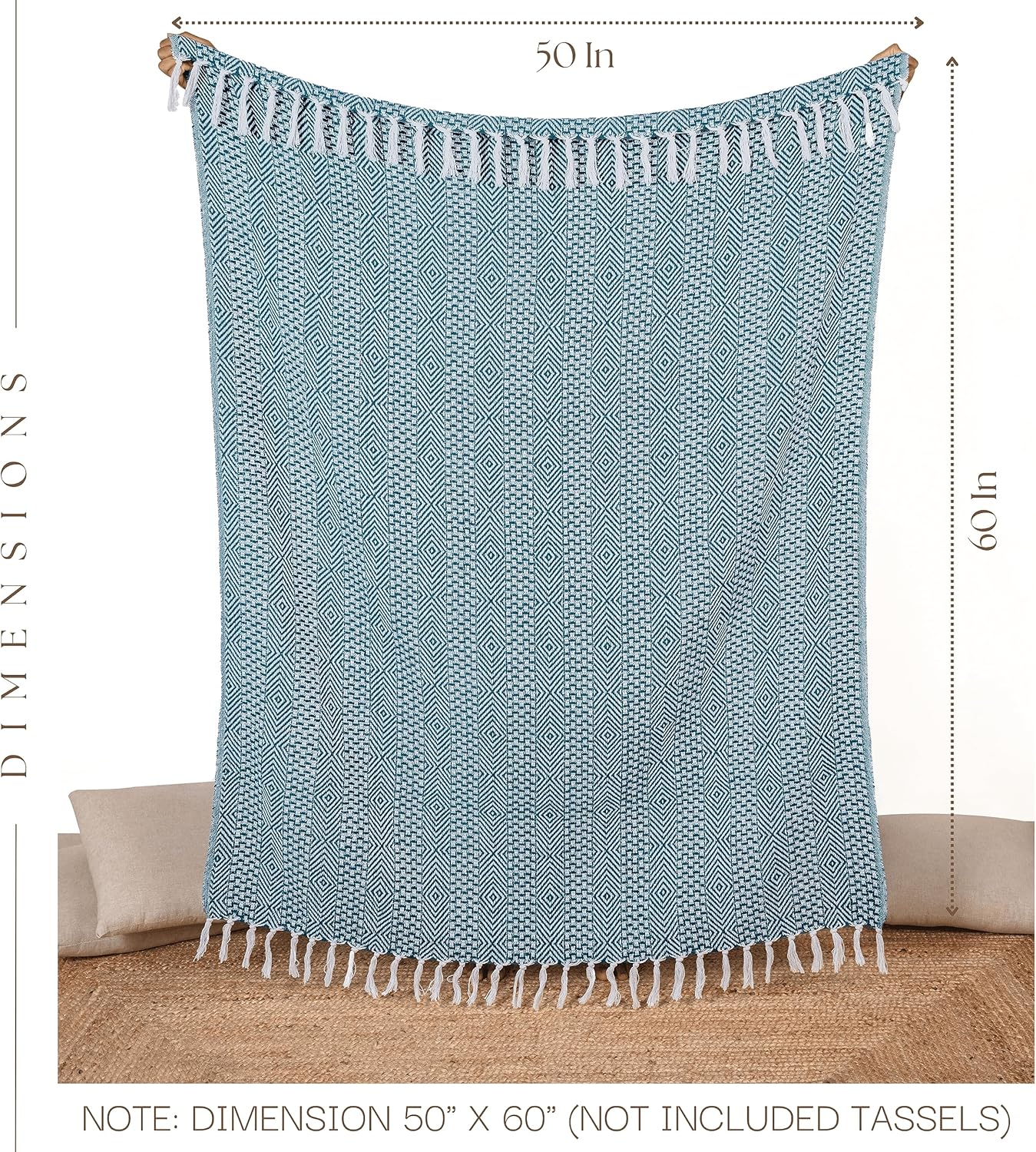 RAJRANG Rustic Throw Blanket - Decorative Tassel Cotton Throws, Geometric Woven Soft Patio Comfy Blankets Teal Blue