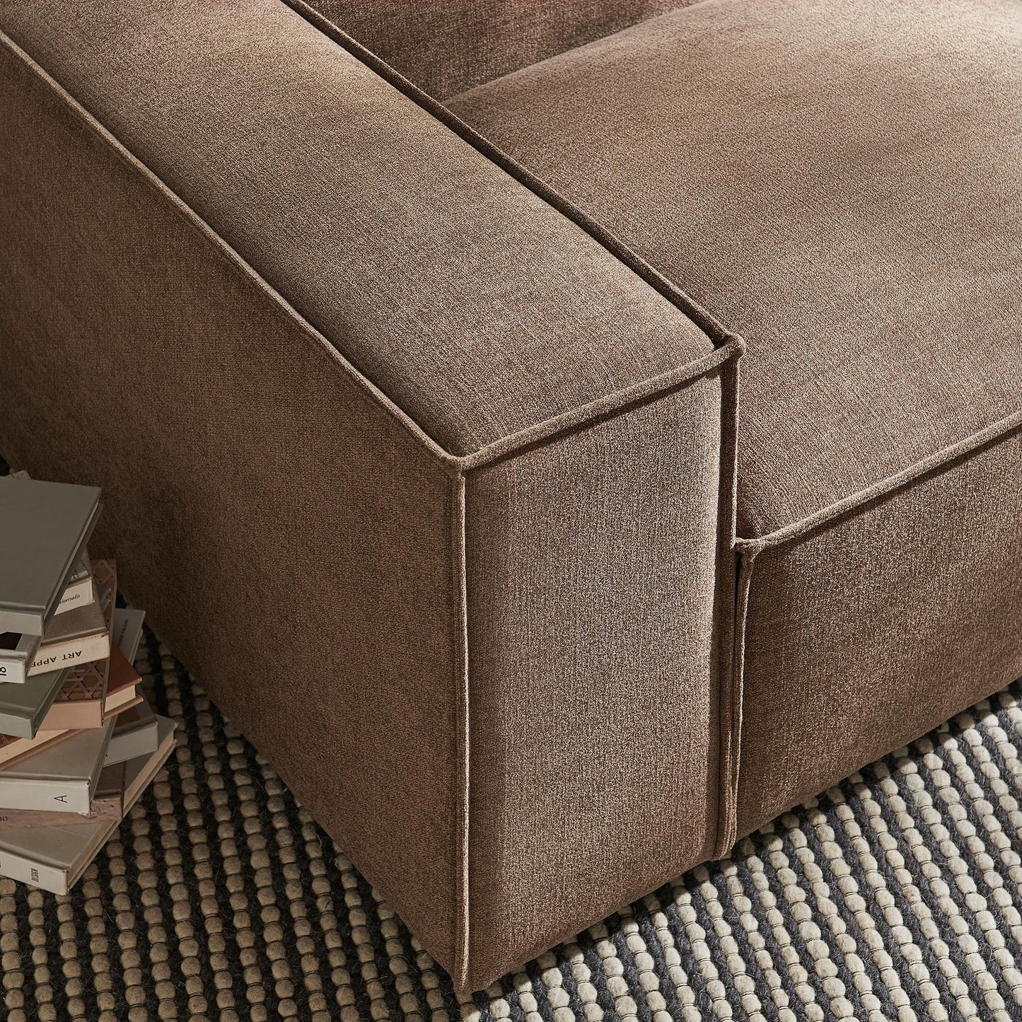 Modway Restore Left-Facing Modular Lounge Chair in Mocha - Living Room Fabric Upholstered Single-Arm Accent Armchair for Sectional Sofa with Coil Seat Support and French Piping