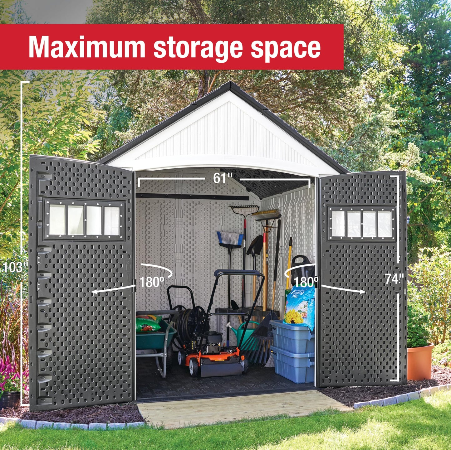 Rubbermaid Resin Outdoor Storage Shed With Floor (7 x 7 Ft) Weather Resistant, White, Organization for Home/Backyard/Garden Tools/Lawn Mower/Bike Storage/Pool Supplies