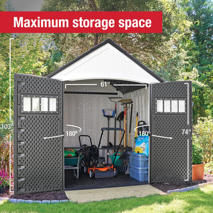 Rubbermaid Resin Outdoor Storage Shed With Floor (7 x 7 Ft) Weather Resistant, White, Organization for Home/Backyard/Garden Tools/Lawn Mower/Bike Storage/Pool Supplies