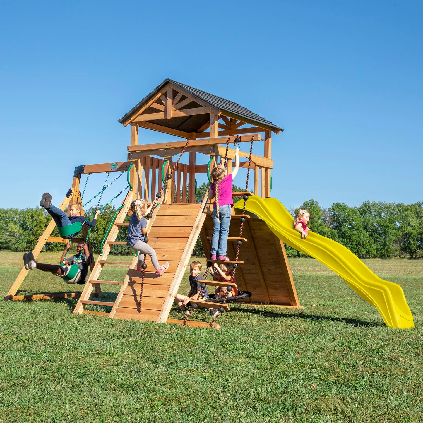 Backyard Discovery Endeavor Cedar Wood Swing Set with Wave Slide, Play Deck, Double Rock Wall, Rope Ladder, Climbing Wall, Belt Swings, 40-Inch Web Swing, Step Ladder, Toy Telescope, Outdoor Playset