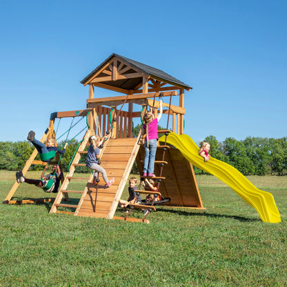 Backyard Discovery Endeavor Cedar Wood Swing Set with Wave Slide, Play Deck, Double Rock Wall, Rope Ladder, Climbing Wall, Belt Swings, 40-Inch Web Swing, Step Ladder, Toy Telescope, Outdoor Playset