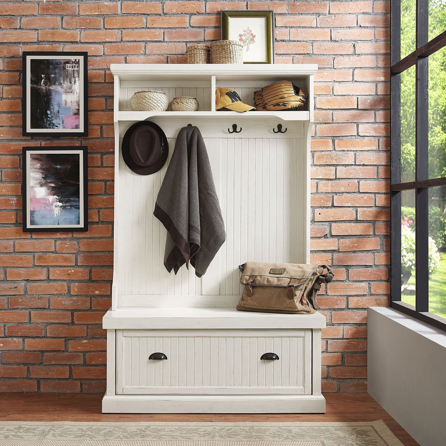 Crosley Furniture Seaside Hall Tree with Shoe Rack Bench and Coat Hooks for Hanging Storage, Distressed White