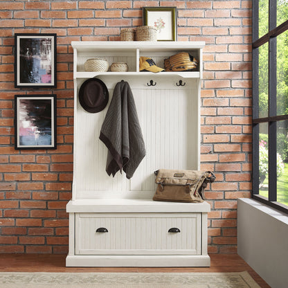 Crosley Furniture Seaside Hall Tree with Shoe Rack Bench and Coat Hooks for Hanging Storage, Distressed White